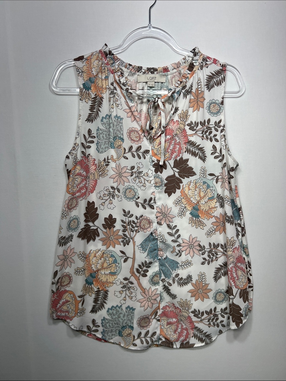LOFT Floral Tie-Neck Sleeveless Camisole Blouse  with Blue, Pink & Brown Accents
